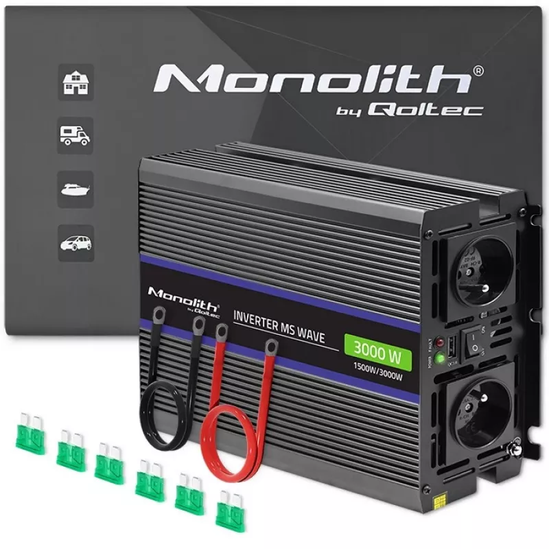 Inversor QOLTEC Monolith 3000 MS Wave, 12V→230V, 1500/3000W, con USB