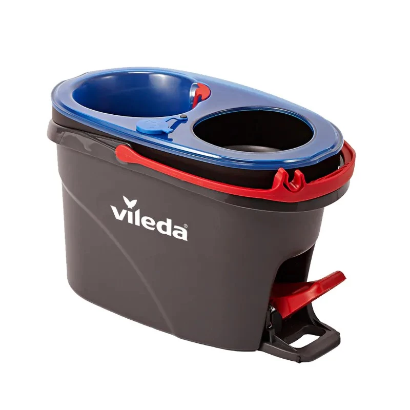 Vileda H2PrO Spin Mop set, fregona rotativa con sistema de dos depósitos y mango telescópico, microfibra, negro/rojo/azul