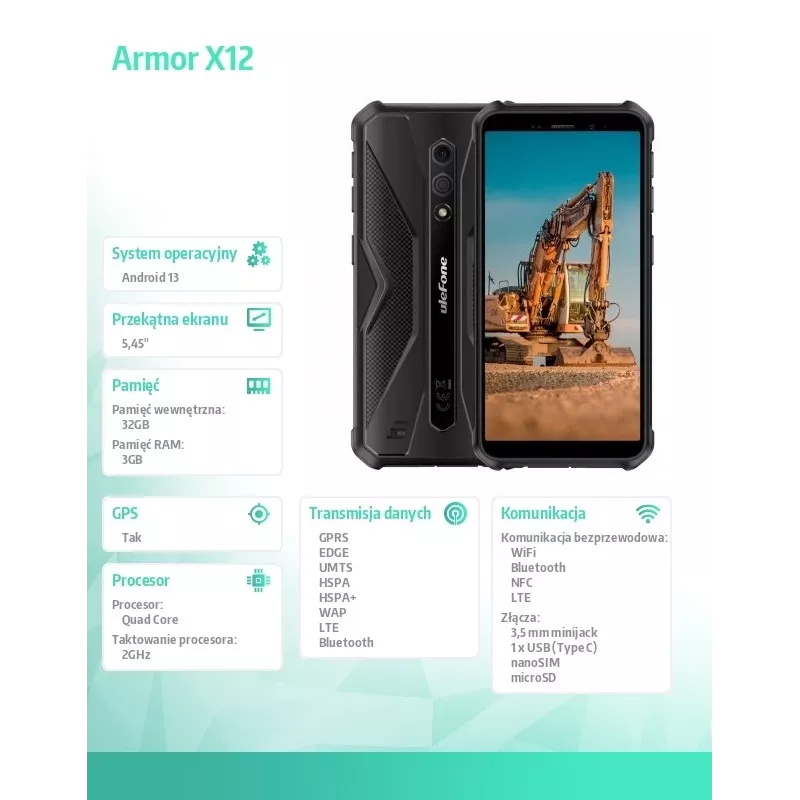 Smartphone resistente UleFone Armor X12 — 3 GB RAM, 32 GB de almacenamiento, todo en negro