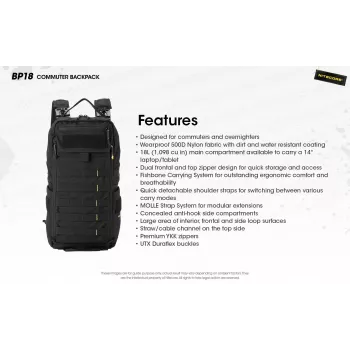 Mochila de viaje Nitecore BP18 — negra nailon/poliéster, 240×160×470 mm
