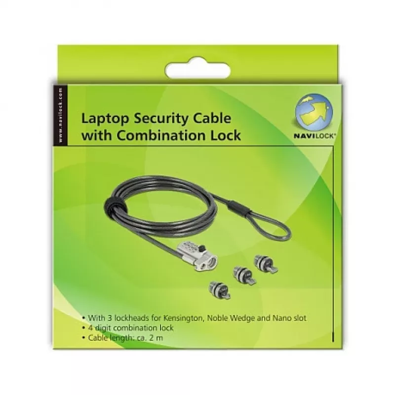 DeLOCK Navilock 20677 cable de seguridad para portátil con 3 cabezales de bloqueo y cierre de combinación para Kensington, Noble Wedge y Nano Slot