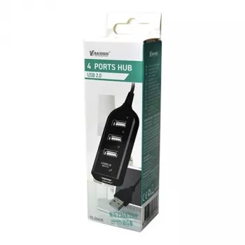 Hub USB VAKOSS TC-234UX — hub USB 2.0 de 4 puertos, alimentación DC (5 V, 1 A), negro