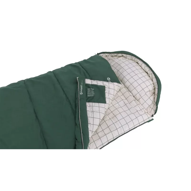 Saco de dormir Outwell Camper Prime semirrectangular 900×2350 mm, altura máxima del usuario 200 cm, algodón/poliéster, verde
