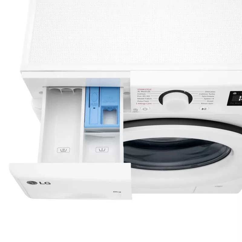 LG | Lavadora | F2WR508SWW | Clase de eficiencia energética A-10% | Carga frontal | Capacidad de lavado 8 kg | 1200 rpm | Profundidad 47,5 cm | Anchura 60 cm | Pantalla | LED | Función vapor