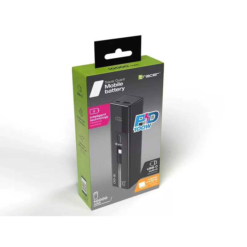 Batería externa portátil TRACER Quant 10000 mAh Li-Ion, PD y QC3.0, 3 conexiones (2×USB-C, 1×USB-A), 100W, negro