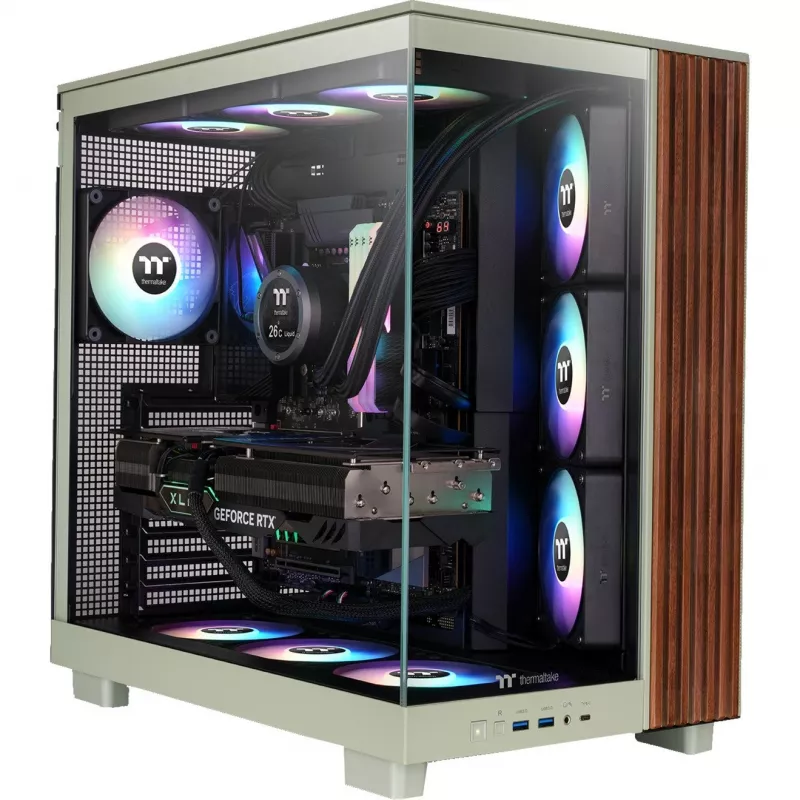 View 380 XL WS ARGB, caja torre verde claro/madera, cristal templado x 2, estructura de madera