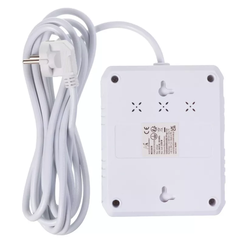 Regleta de enchufes MACLEAN MCE388 W – 2 enchufes, 3×USB, 110–240V, 2500W, cable de 3 m, blanca