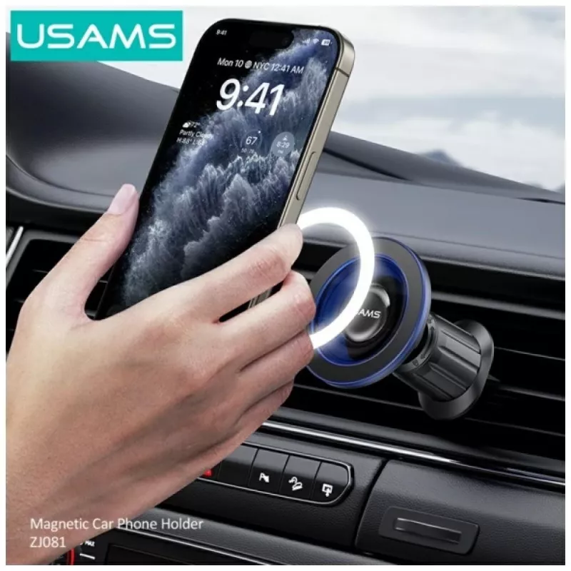 Soporte magnético para móvil en el coche usams ZJ081 — soporte magnético para smartphones, diseño compacto, instalación sencilla