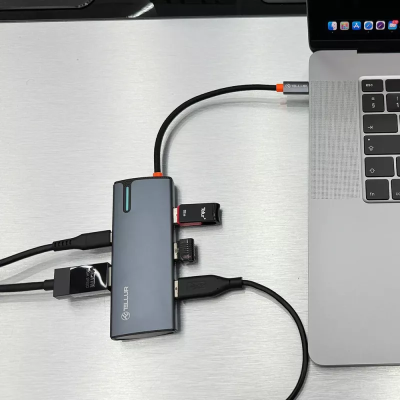 Hub USB-C Tellur TLL321061 con PD 3.0 100W, salida HDMI y 3× conectores USB 3.0