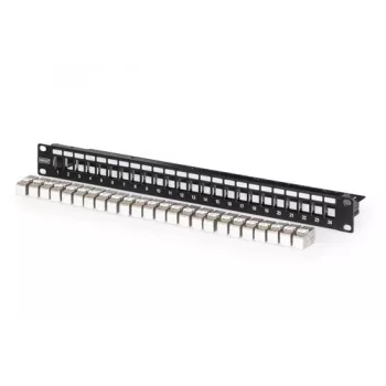Panel de parcheo modular, 24 puertos, equipado con 24x DN-93615 (negro, 1 U, montaje en rack, apantallado)