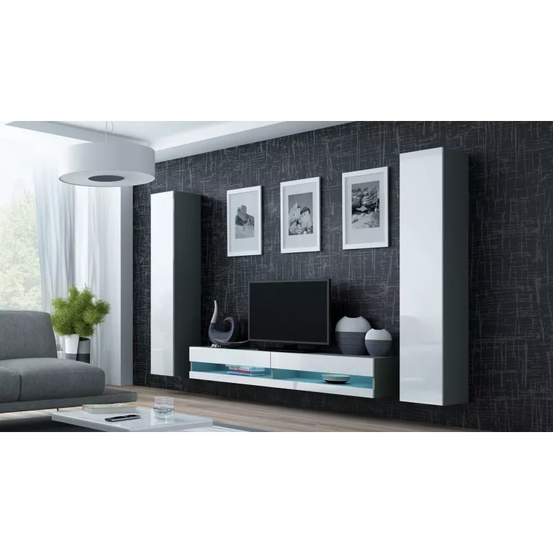 Soporte TV Cama Meble VIGO NEW 30/140/40 — 1400×400×300 mm, parte superior gris, tablero de partículas, marco gris, frentes blanco brillante