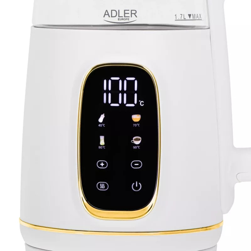 Hervidor de agua Adler AD 1305WG — 1,7 l, 2200 W, vidrio/plástico, blanco/dorado/transparente