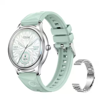 Smartwatch Colmi L28 – caja verde plateada con correa de acero inoxidable plateada