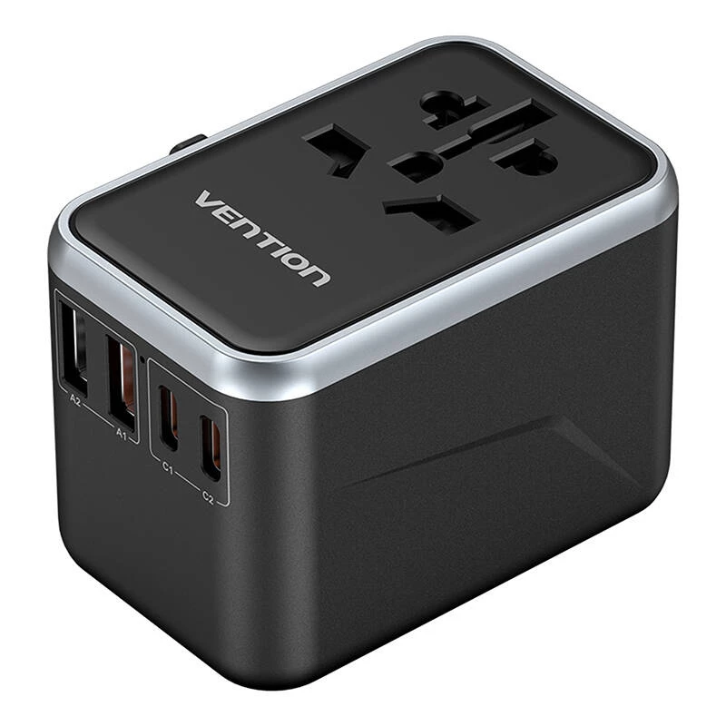Vention adaptador de viaje y cargador GaN de 65 W, 2x USB-A 2x USB-C, negro