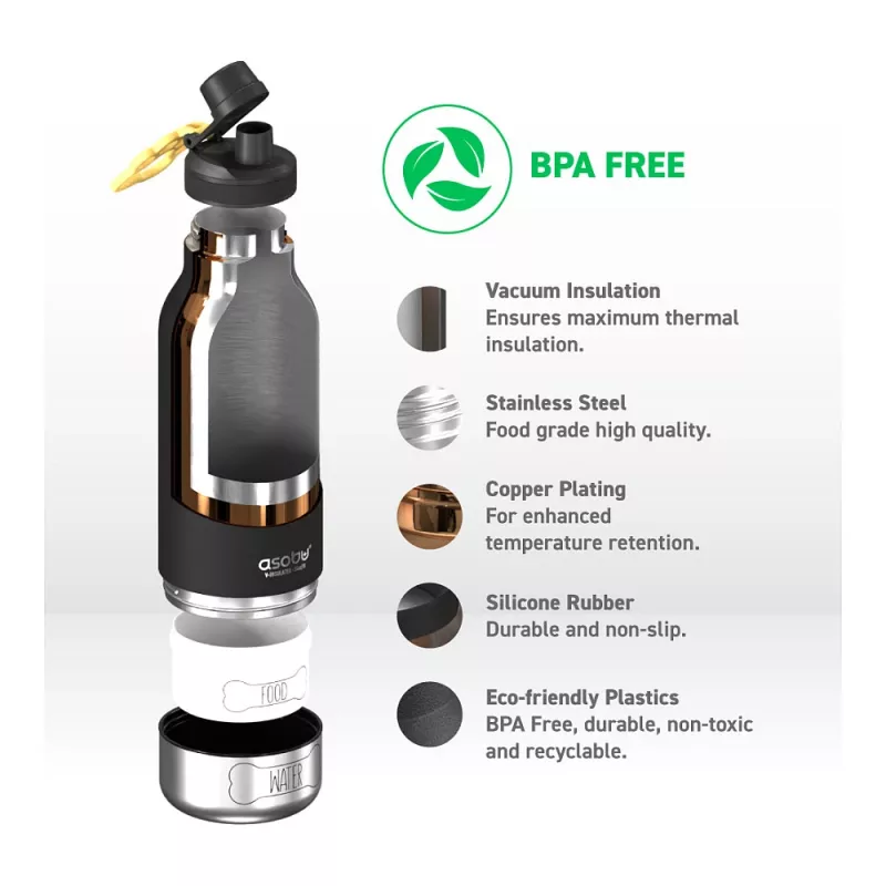 Asobu - Dog Bowl Buddy - Botella de acero inoxidable con 2 comederos negra