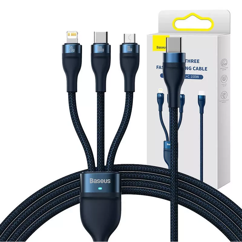 Cable USB 3 en 1 Baseus Flash Series 2, USB-C + Micro-USB + Lightning, 100 W, 1,5 m (azul)