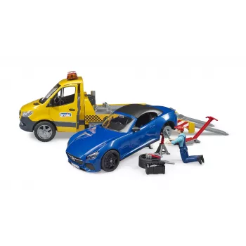 Bruder MB Sprinter transportador de coches con módulo de luz y sonido, naranja/azul, incl. roadster