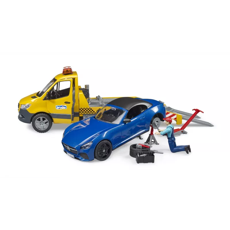 Bruder MB Sprinter transportador de coches con módulo de luz y sonido, naranja/azul, incl. roadster