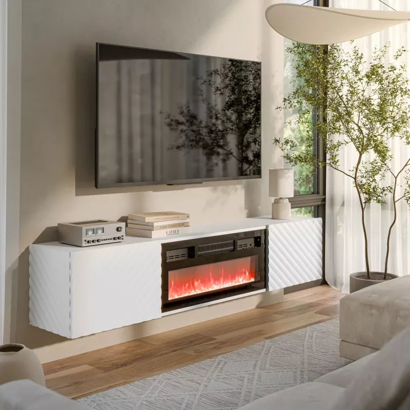 Mueble TV Cama Meble LARA 183x35x37 cm, superficie blanca mate, marco blanco, chimenea negra