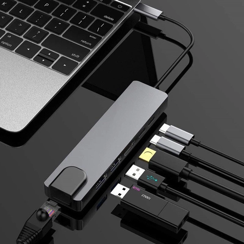 Adaptador multipuerto GEMBIRD USB Type-C 6 en 1 A-CM-COMBO5-06 — HDMI, PD 54W, Gigabit-LAN, 2× USB-A, Type-C (5 Gbit/s)