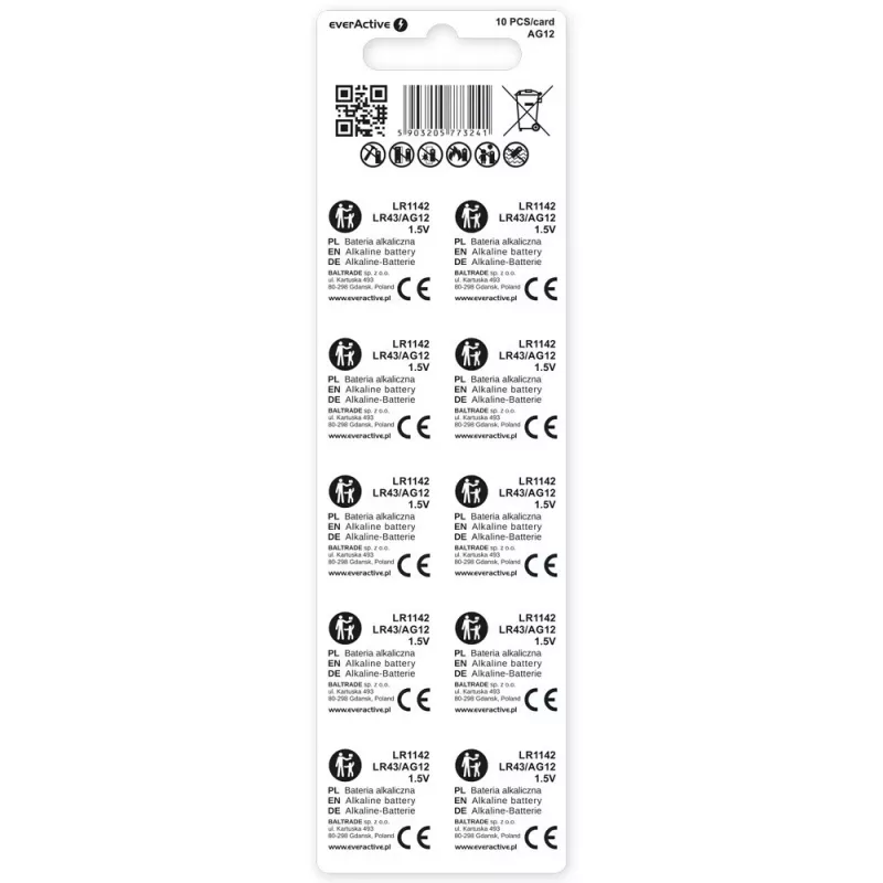 Pila de botón alcalina everActive G12 AG12 1,5 V – pack de 10