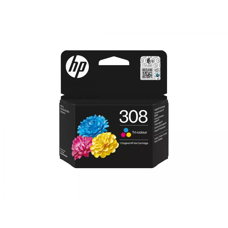HP 308 cartucho de tinta original, 3 colores, rendimiento estándar, cian, magenta, amarillo, tinta de colorante, 1 ud., 120 páginas, pack combinado