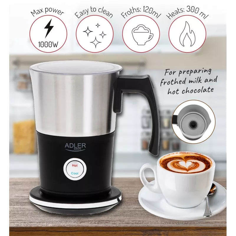 Espumador de leche automático Adler AD 4497 – acero inoxidable, 600W, 120 ml de espuma / 300 ml de calentamiento, caliente y frío