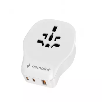 Adaptador de viaje de pared GEMBIRD TPA-1A2C20-02-W 20W — 1xUSB-A + 2xUSB-C, enchufe Type G, 100–250 V, blanco