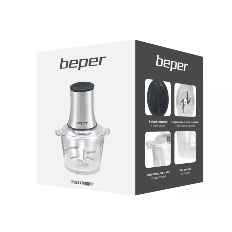 Beper P102ROB001 picadora de alimentos, recipiente de vidrio de 1,5 l, 500 W, 2 velocidades, 4 cuchillas de acero inoxidable, acero inoxidable / negro