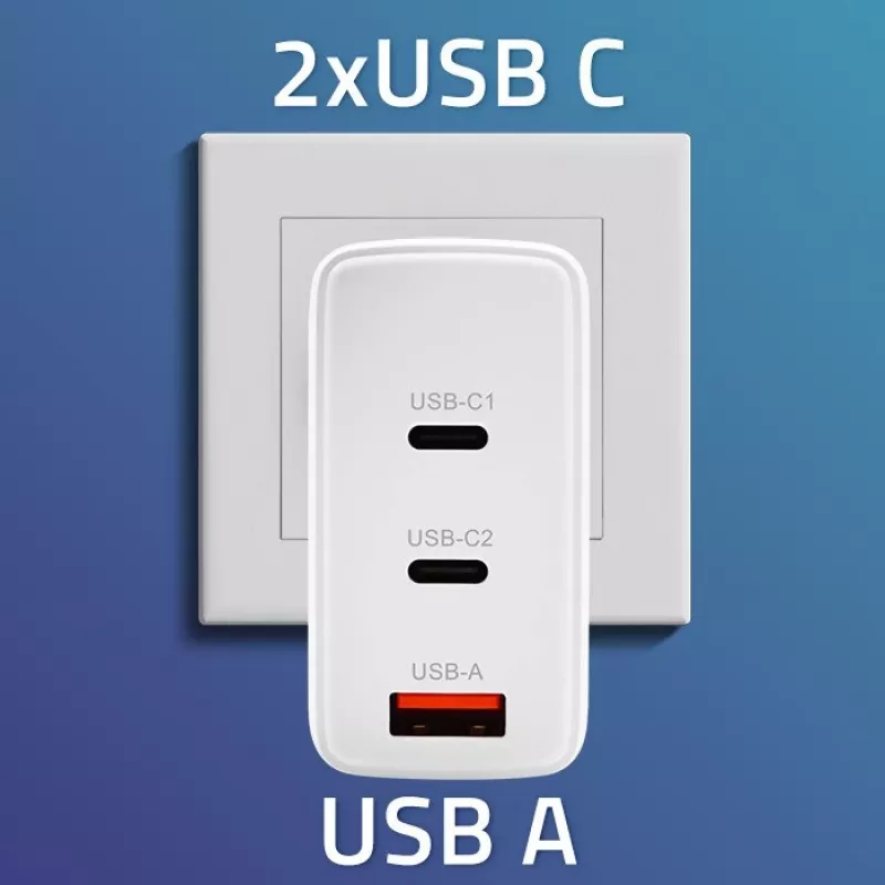 Cargador QOLTEC 100W GaN USB-C Dual PD 5–20V 1,5–5A, 2×USB-C