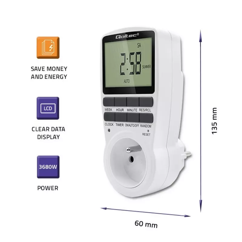 Temporizador electrónico QOLTEC PC0628 con pantalla LCD, cuenta atrás de 24 horas