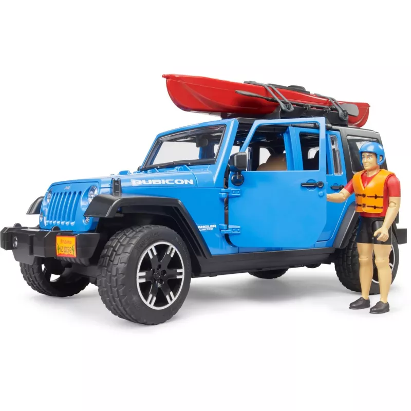 Vehículo de juguete BRUDER Jeep Wrangler Rubicon Unlimited con kayak y figura BR-02529