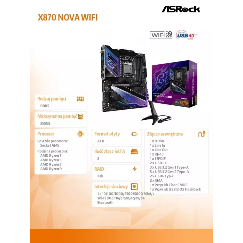 Placa base ASRock X870 NOVA WIFI — AMD X870, zócalo AM5, ATX, 4× DIMM DDR5, 256 GB, Wi-Fi 7, 2,5 GbE