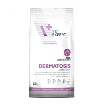 Pienso para perros VETEXPERT Dermatosis cordero y krill 12 kg — alimento dietético veterinario para enfermedades de la piel, proteína 24%, grasa 17%