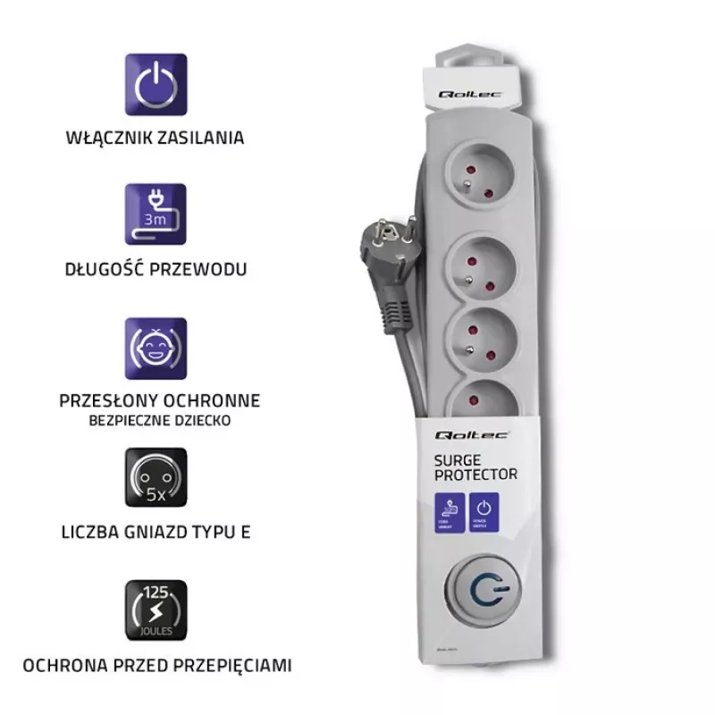 Protector contra sobretensiones Qoltec 50272 Gris 5 tomas AC 230V 3m