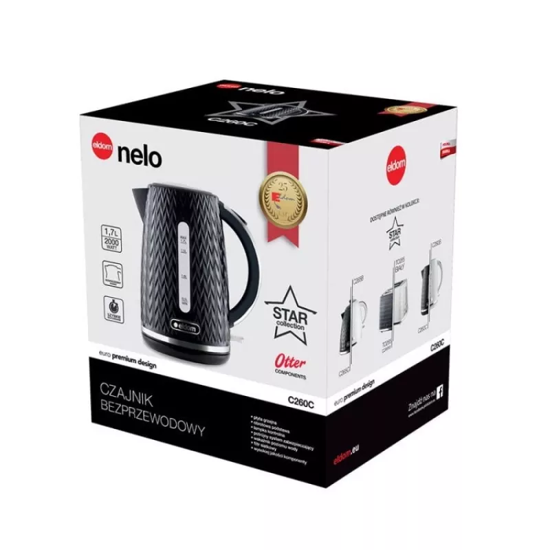 Hervidor de agua NELO, capacidad de 1,7 l, 2000 W, negro