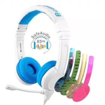 Auriculares con cable BuddyPhones School+ — diadema, circumaurales, 20–20000 Hz, cable 1,4 m, azul/blanco
