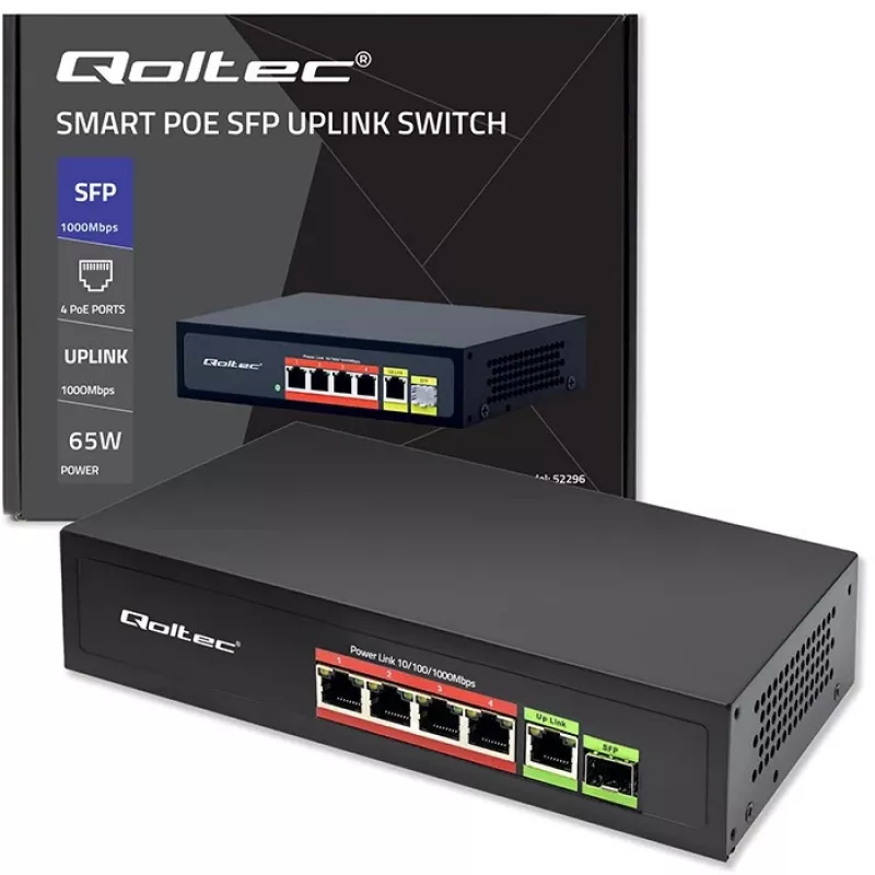 Switch Ethernet PoE QOLTEC 52296 — 4 puertos RJ45 PoE, 1 uplink RJ45