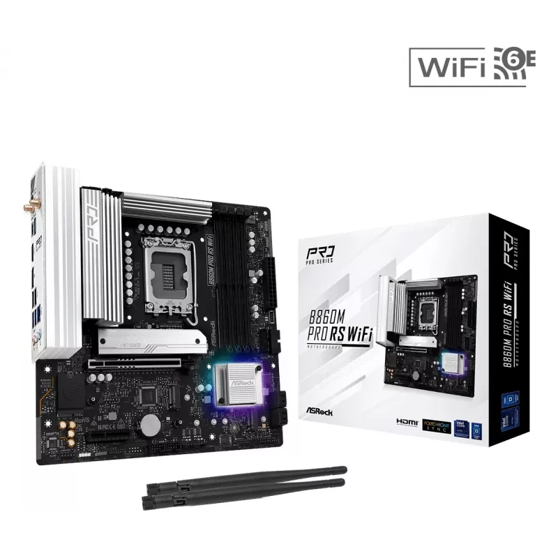 Placa base ASRock B860M Pro RS WiFi — Intel B860, LGA 1851, micro ATX, DDR5, 4 DIMM, 3x M.2, 2.5Gb LAN, Wi‑Fi, Bluetooth