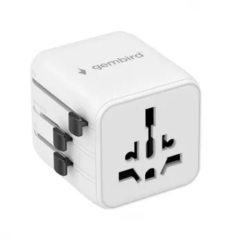 Adaptador de viaje universal GEMBIRD TPA-INT-01-W — entrada 100–250 V, conector Type-G, dimensiones compactas 84×56×85 mm