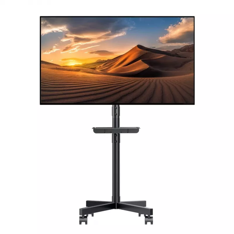 Maclean MC-949 soporte móvil con ruedas para TV de 32–55 pulgadas, VESA 75×75–400×400, máx. 25 kg, altura 149,5–154,5 cm, inclinación +5°, estante, negro