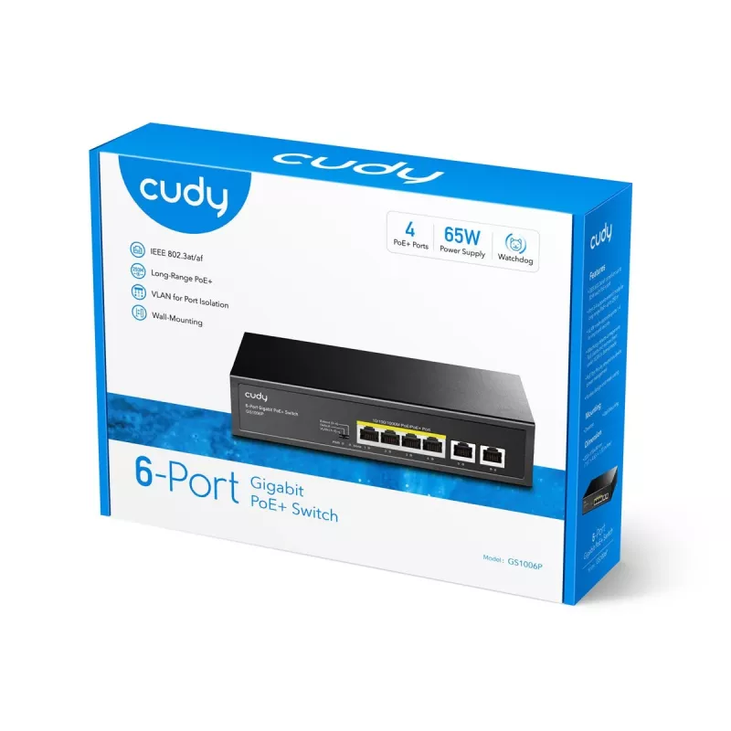 Switch de red Cudy GS1006P no gestionado Gigabit Ethernet 6 puertos PoE, 12 Gbit/s, 2048 MAC, negro