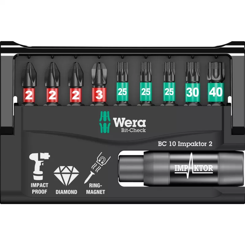 Bit-Check 10 Impaktor 2, 1/4, 10 piezas, juego de puntas con recubrimiento de diamante, extremadamente resistente