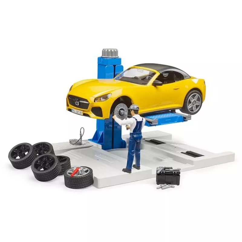 BRUDER Car Service Center bworld 62112 con Roadster set de juego, figuras de accesorios y elementos de taller