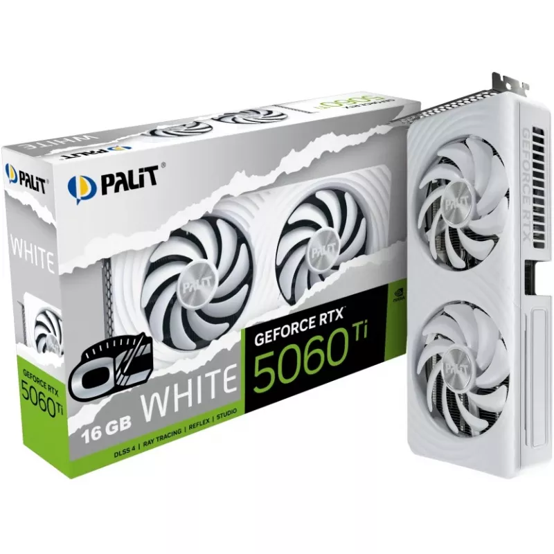 Tarjeta gráfica Palit GeForce RTX 5060 Ti White OC — GeForce RTX 5060 Ti, 16 GB GDDR7, 128 bits, PCIe 5.0, 2407 MHz