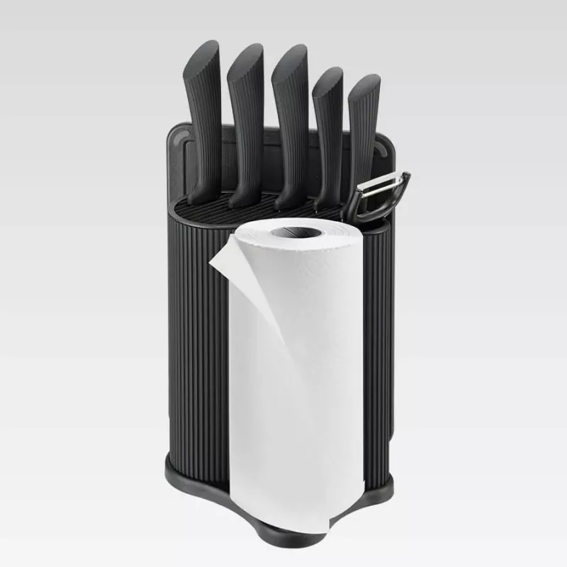 Set de bloque de cuchillos y cubiertos Maestro MR-1413 – negro, 8 piezas, hojas de acero inoxidable con soporte, portarrollos de papel