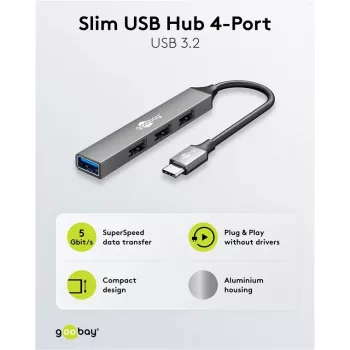 Hub USB Goobay Slim de 4 puertos, USB-C™ a USB-A, USB 3.2 (74457)