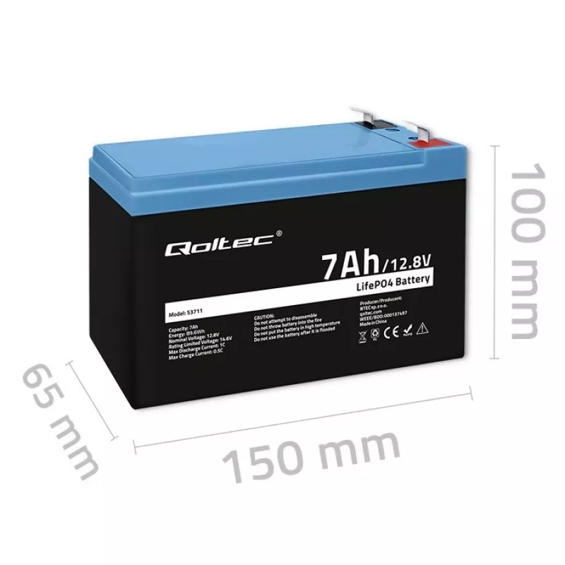 Batería LiFePO4 12,8V 7Ah, 89,6Wh, BMS