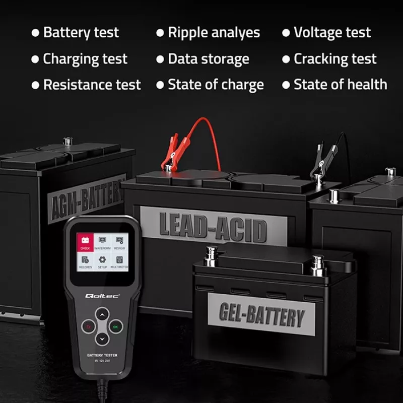 Qoltec 52489 Analizador y comprobador digital de baterías 3-en-1 con LCD y multilingüe 6V | 12V | 24V | 30Ah-200Ah