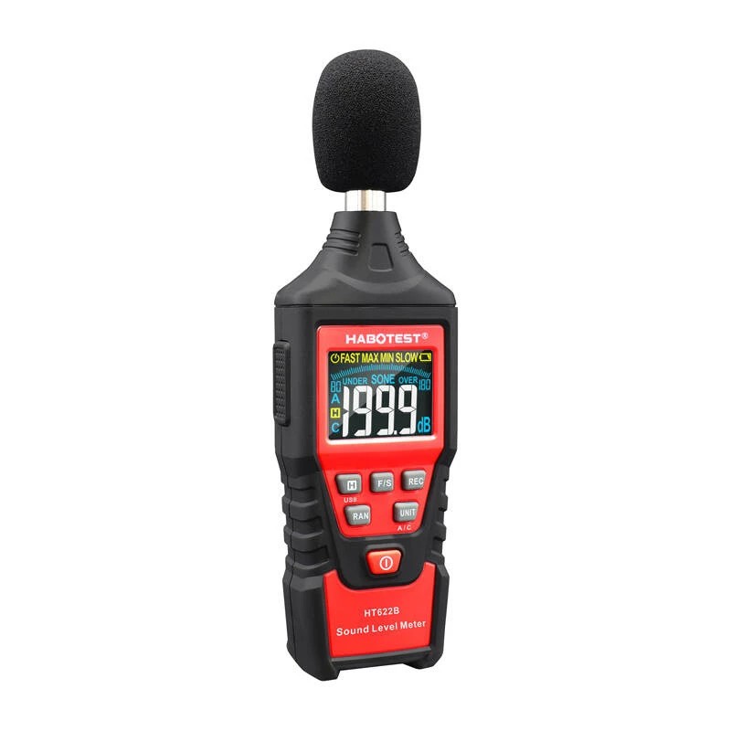 Medidor digital de decibelios Habotest HT622B — sonómetro con ponderación A/C, interfaz USB